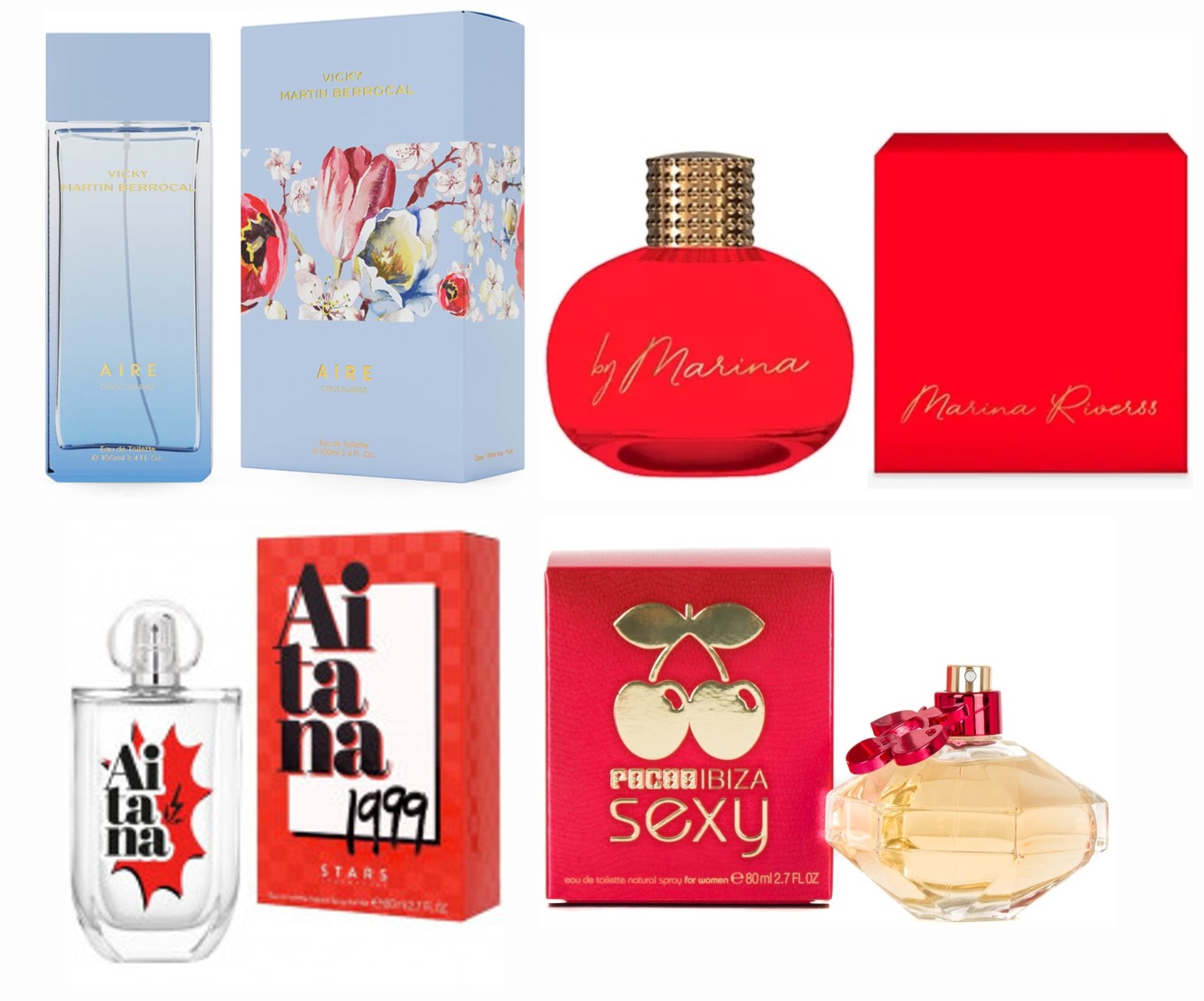 LOTE 3 DE MUJER: VICKY MARTIN BERROCAL AIRE WOMAN EDT 100 ML @ + MARINA RIVERS EDP 100 ML @ (Sin caja) + AITANA 1999 EDT 80 ML @ + PACHA QUEEN SEXY EDT 80 ML @